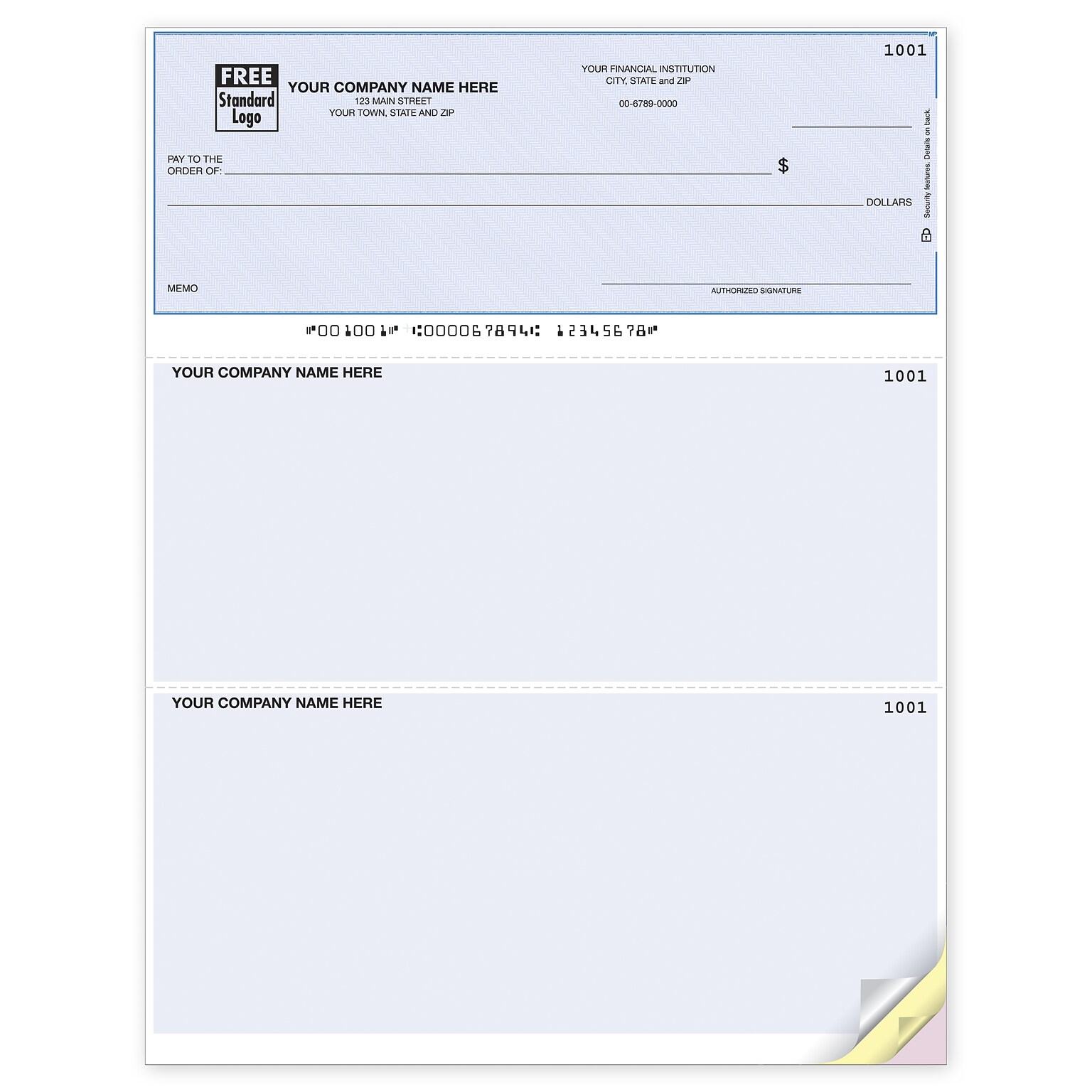 Custom Laser Top Checks, Lined, 3 Sheets/Triplicate, 1 Color Printing, Standard Check Color, 8-1/2 x 11, 500/Pk