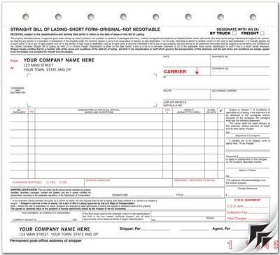 Custom Bills of Lading, Carbon, Small Format, 5 Parts, 1 Color Printing, 8 1/2 x 7, 500/Pack