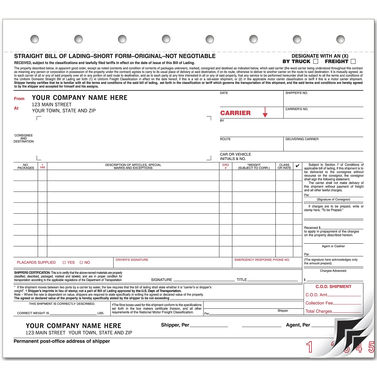Custom Bills of Lading, Carbon, Small Format, 5 Parts, 1 Color Printing, 8 1/2 x 7, 500/Pack