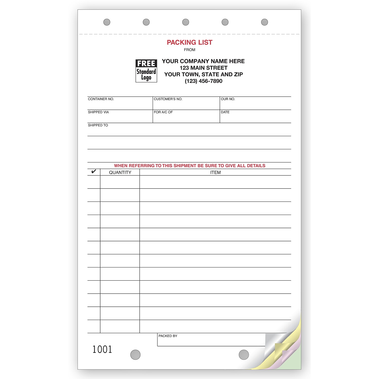 Custom Packing List, 3 Parts, 1 Color Printing, 5 2/3 x 8 1/2, 250/Pack