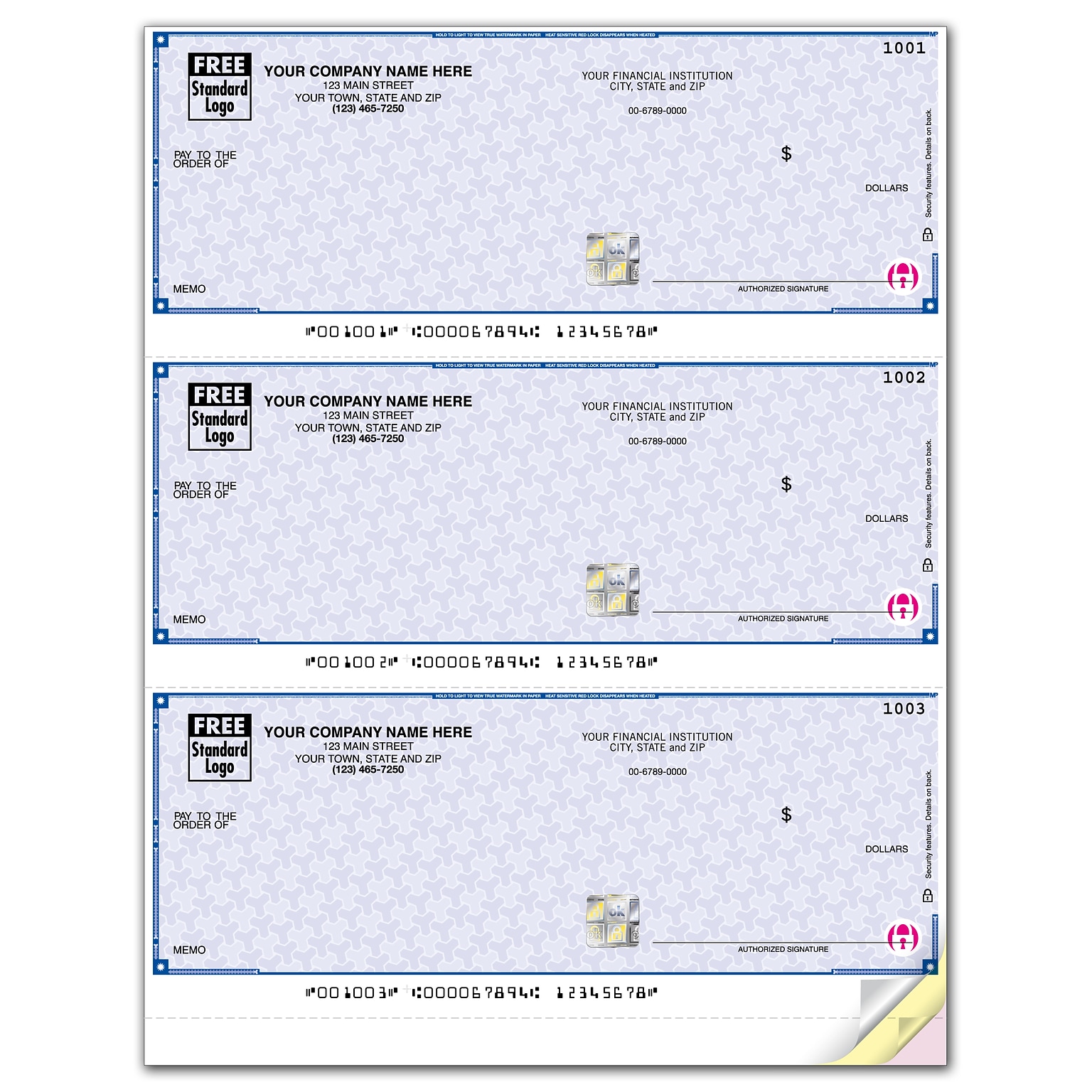 Custom High Security 3-To-A-Page Laser Check, 3 Ply/Triplicate, 2 Color Printing, Standard Check Color, 8-1/2 x 11, 300/Pack