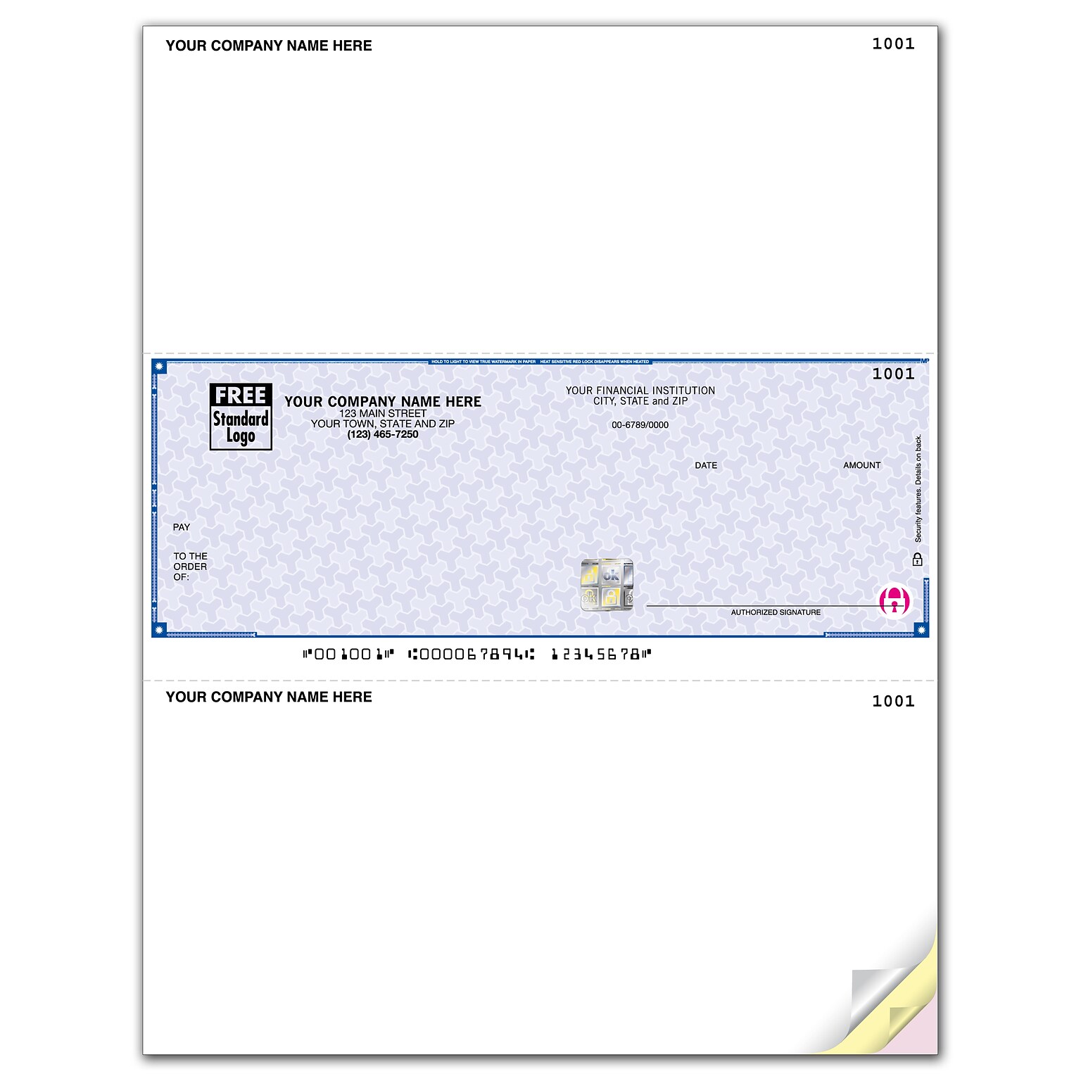 Custom High Security Laser Middle Check, 3 Ply/Triplicate, 2 Color Printing, 8-1/2 x 11, 500/Pk