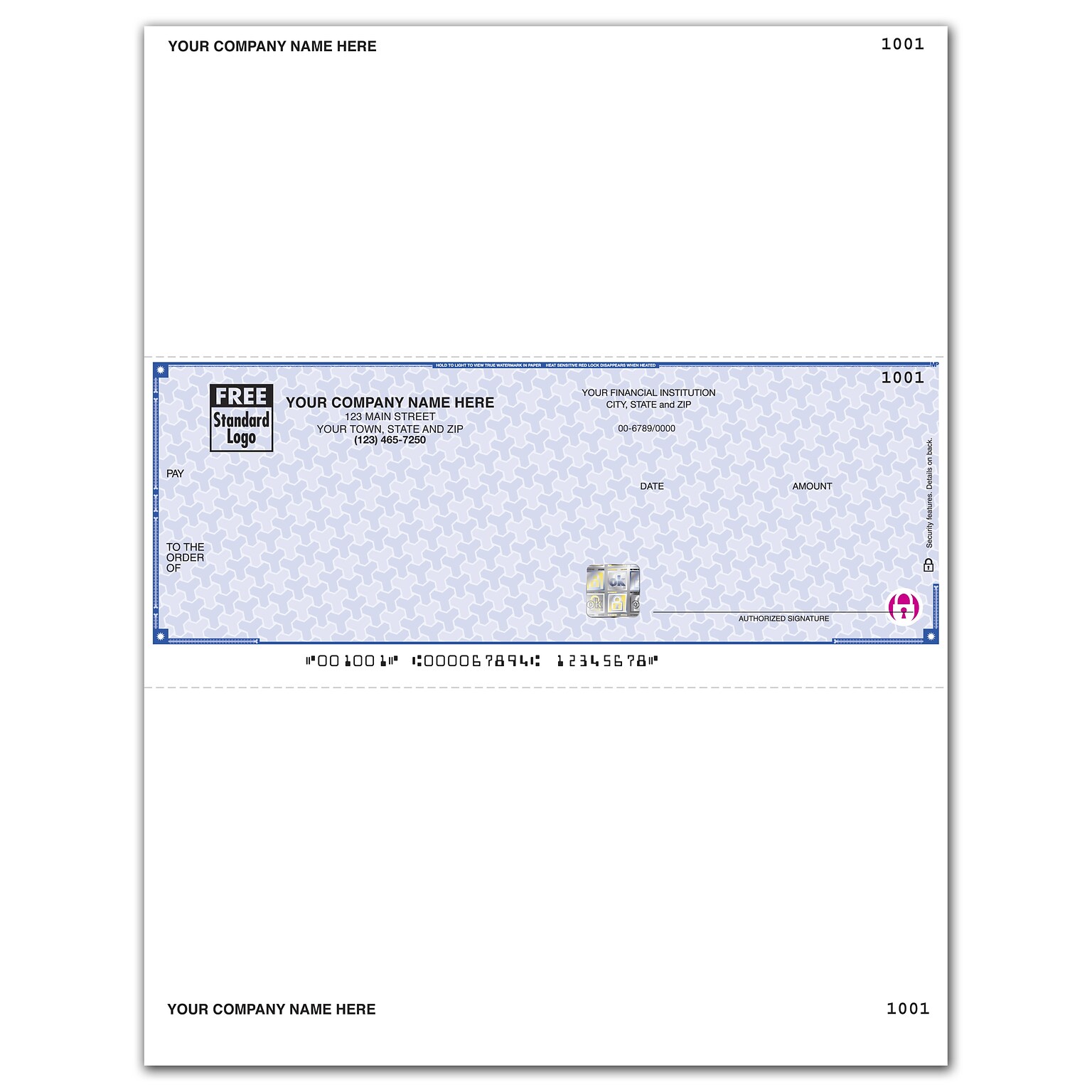 Custom High Security Laser Middle Check, 1 Ply, 2 Color Printing, 8-1/2 x 11, 500/Pk