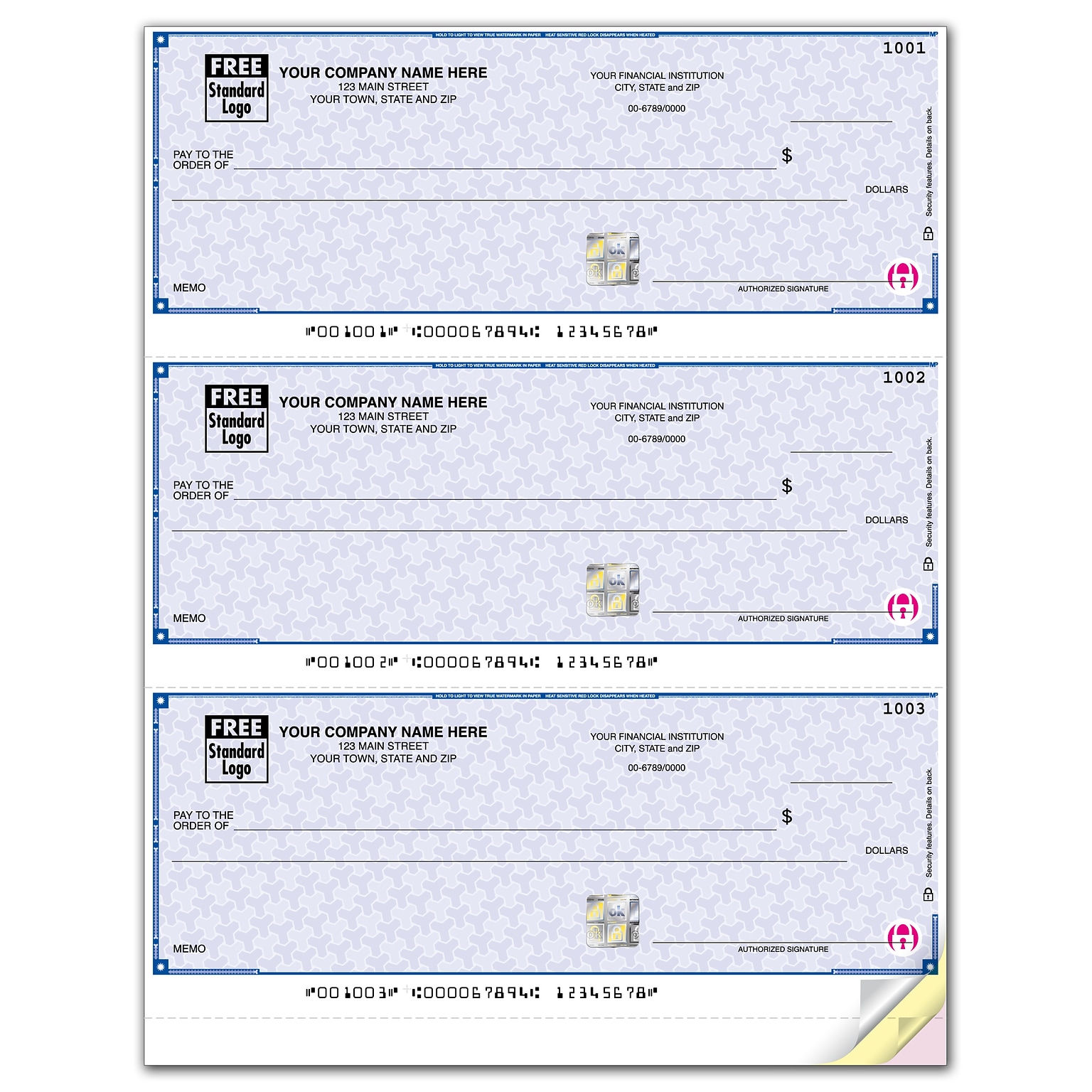 Custom High Security 3-To-A-Page Laser Check, 3 Ply/Triplicate, 1 Color Printing, Standard Check Color, 8-1/2 x 11, 300/Pack
