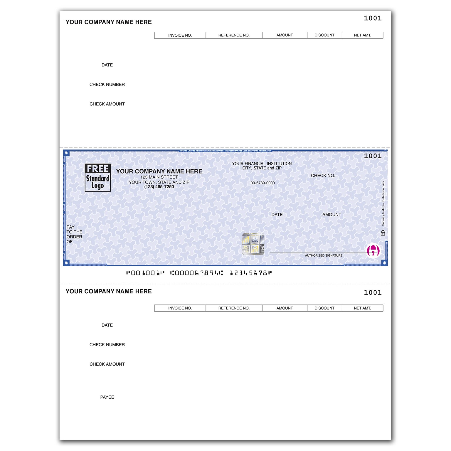 Custom High Security Laser Middle Check, 1 Ply, 1 Color Printing, 8-1/2 x 11, 500/Pk