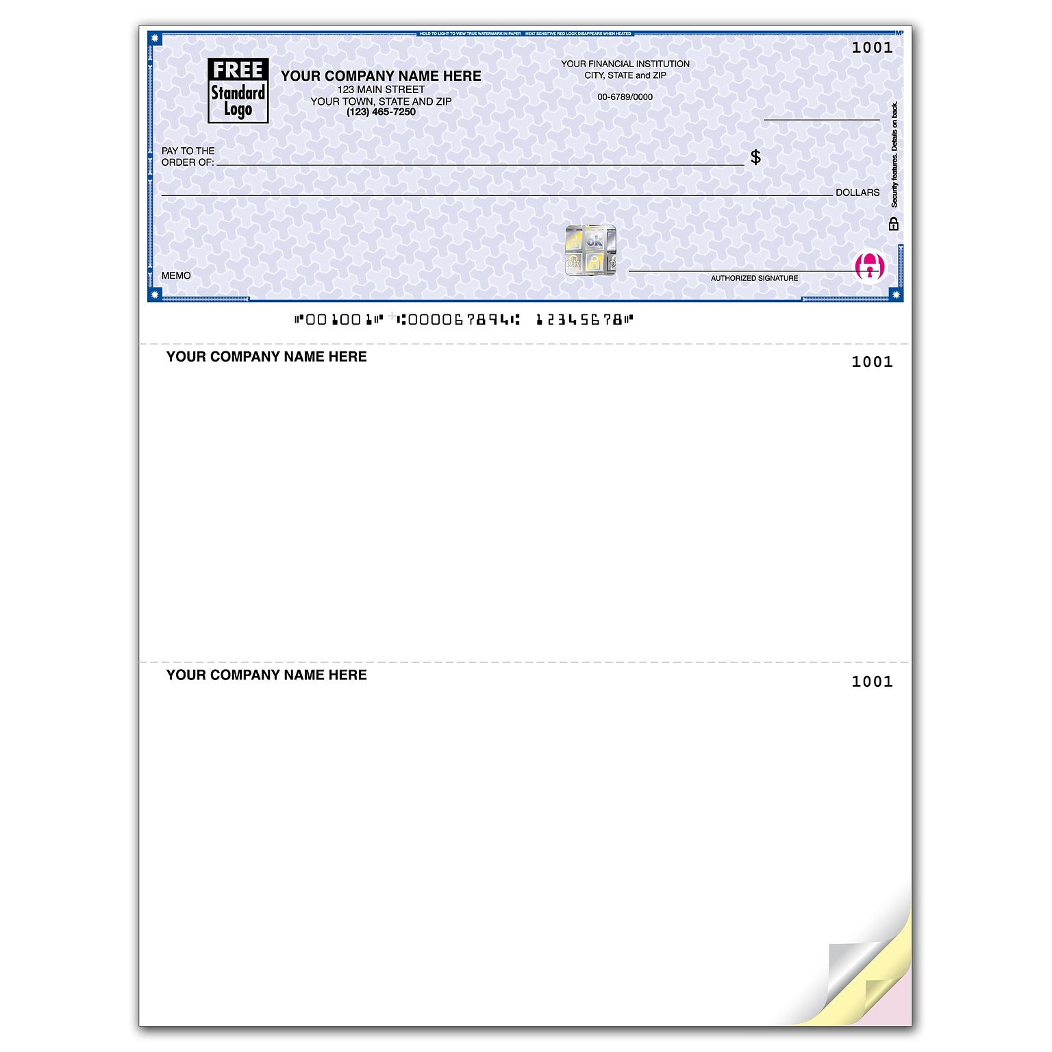 Custom High Security Laser Top Check, 3 Ply/Triplicate, 2 Color Printing, 8-1/2 x 11, 500/Pk