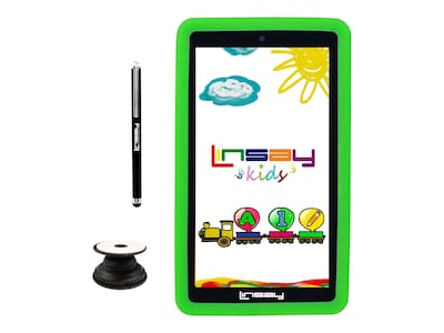 Linsay 7 Tablet with Pop-Up Holder, Stylus & Green Kids Defender Case, WiFi, 2GB RAM, 64GB, Androi