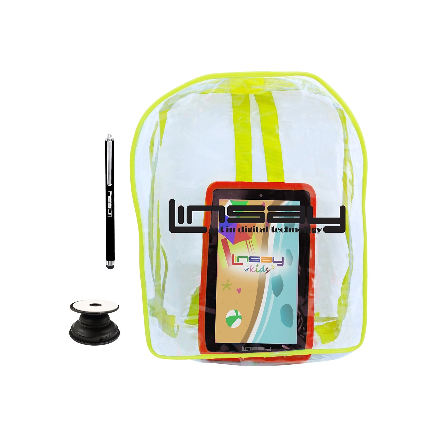 Linsay 7 Tablet with Holder, Pen, Case, and Backpack, WiFi, 2GB RAM, 64GB Storage, Android 13, Black/Red (F7UHDKIDSBAGRP)