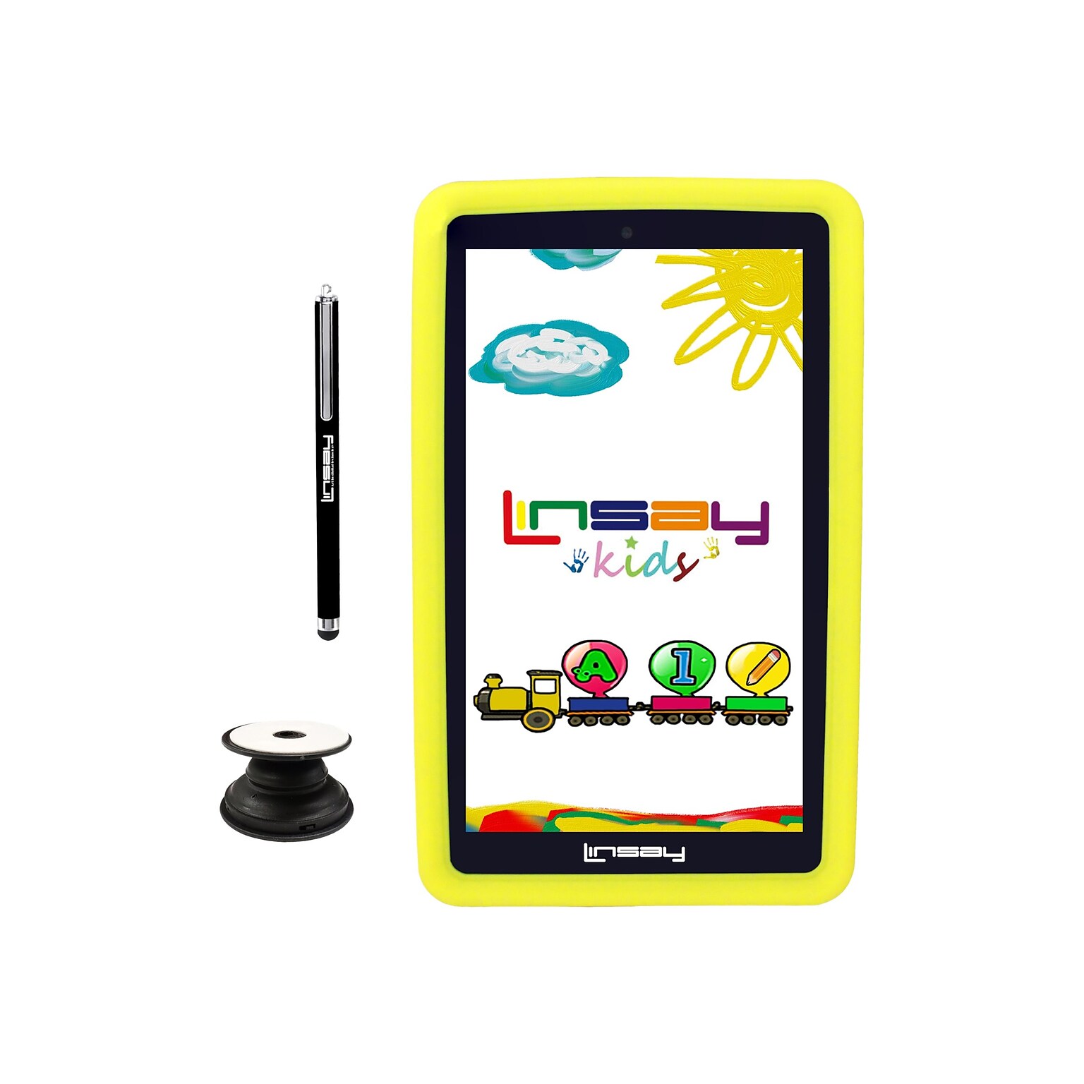 Linsay 7 Tablet with Holder, Pen, and Case, WiFi, 2GB RAM, 64GB Storage, Android 13, Yellow/Black (F7UHDKIDSP)