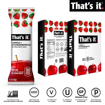 THAT'S IT Gluten Free Apple + Strawberry Fruit Bar, 1.2 oz, 12/Pack (307-00238)