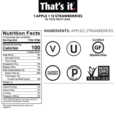 THAT'S IT Gluten Free Apple + Strawberry Fruit Bar, 1.2 oz, 12/Pack (307-00238)