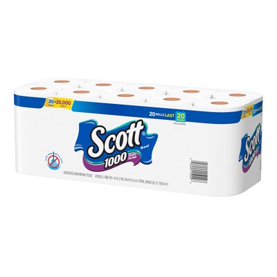 Scott 1-Ply Standard Toilet Paper, White, 1000 Sheets/Roll, 20 Rolls/Carton (20032)