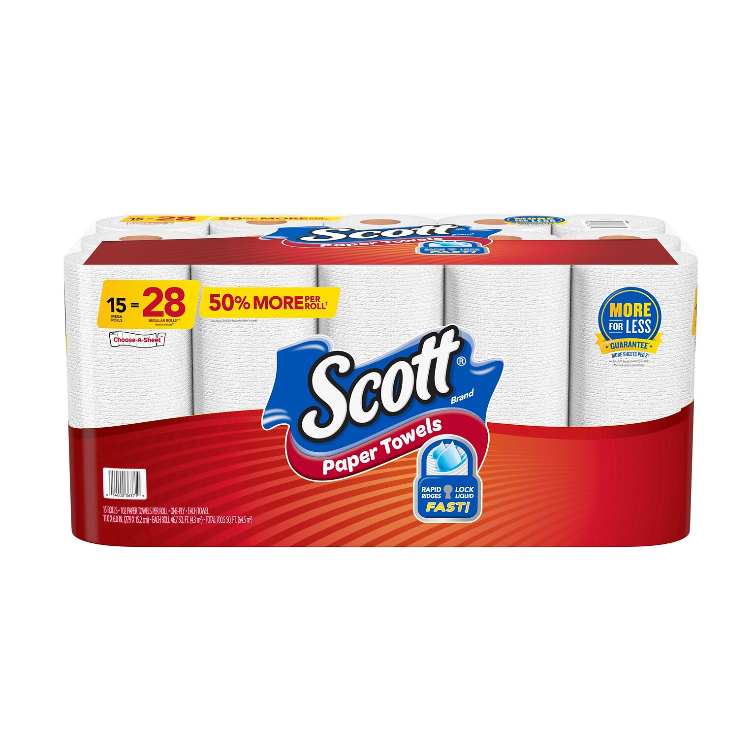 Scott Choose-A-Sheet Kitchen Roll Paper Towel, 1-Ply, 102 Sheets/Roll, 15 Rolls/Pack (36371/55417)