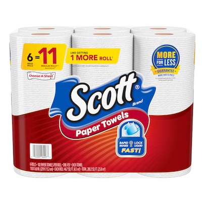 Scott Choose-A-Sheet Kitchen Roll Paper Towels, 1-ply, 102 Sheets/Roll, 6 Mega Rolls/Pack (16447/55413)