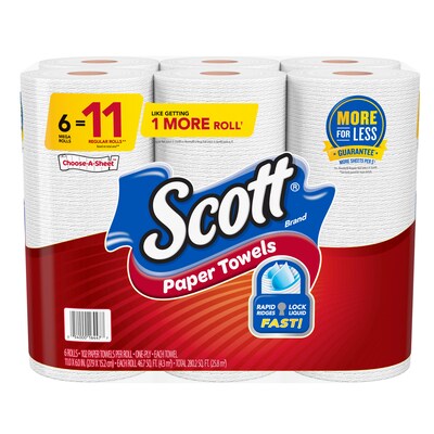 Scott Choose-A-Sheet Kitchen Roll Paper Towels, 1-ply, 102 Sheets/Roll, 6 Mega Rolls/Pack (16447/55413)