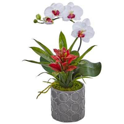 Nearly Natural Mini Phalaenopsis Orchid and Bromeliad in Gray Vase (1493-WH)