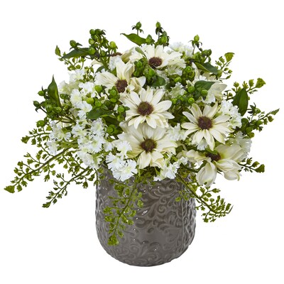 Nearly Natural Daisy Bush in Gray Decorative Vase (1495-WH)