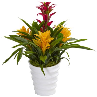 Nearly Natural Bromeliad in White Swirl Vase (6304)