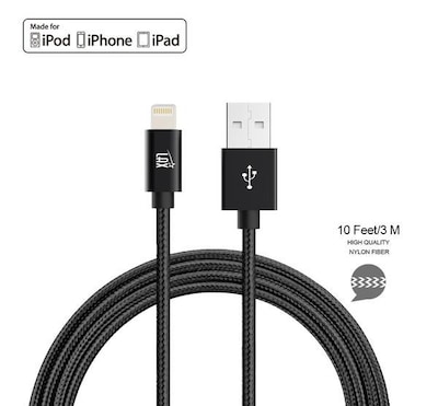 Apple Certified Durable Lightning Cable for iPhone, iPad, 10ft Black (LGHTMFI10FT-BLK)