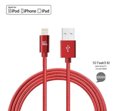 Apple Certified Durable Lightning Cable for iPhone, iPad, 10ft Red (LGHTMFI10FT-RED)