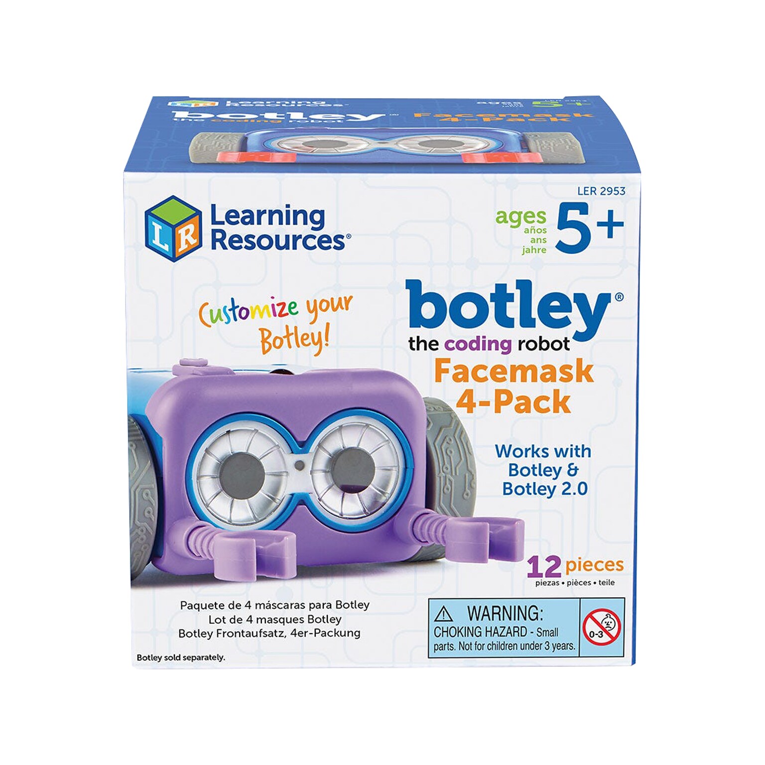 Learning Resources Botley The Coding Robot Facemask, Light Blue/Dark Blue/Purple/Translucent Yellow, 4/Pack (LER 2953)