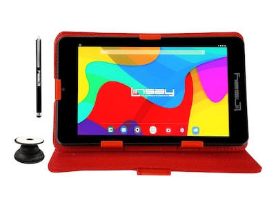 Linsay 7 Tablet with Pop-Up Holder, Stylus & Red Leather Case, WiFi, 2GB RAM, 64GB Storage, Android