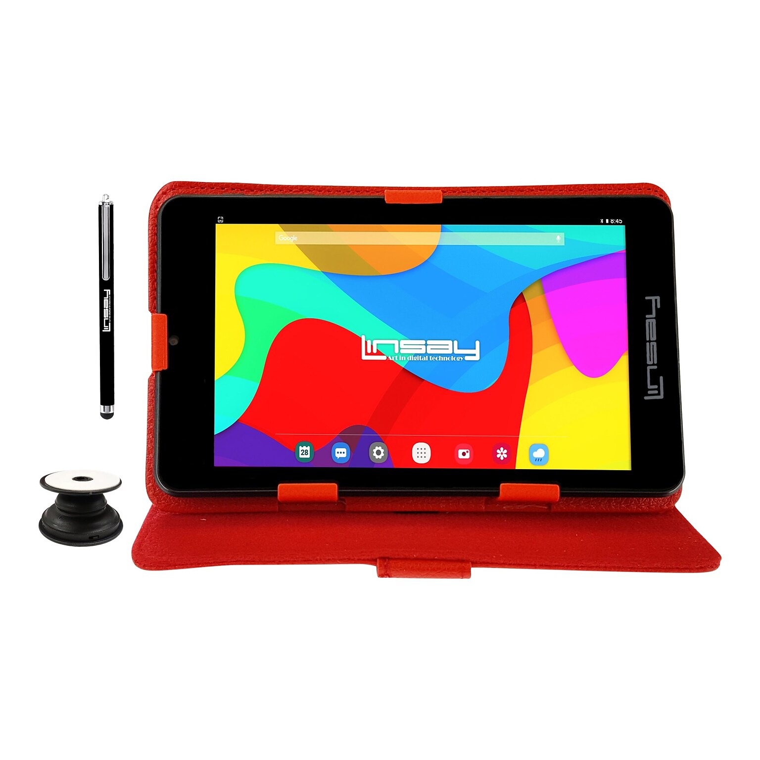 Linsay 7 Tablet with Pop-Up Holder, Stylus & Red Leather Case, WiFi, 2GB RAM, 64GB Storage, Android 13 (F7UHDCRP)