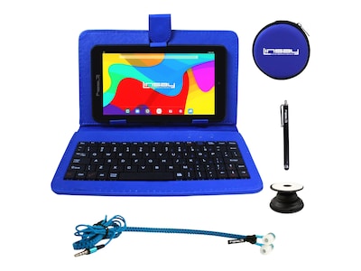 Linsay 7 Tablet with Pop-Up Holder, Stylus, Earphones, Blue Leather Case, WiFi, 2GB RAM, 64GB Stora