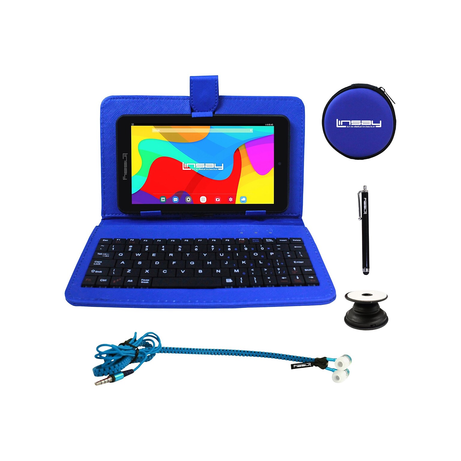 Linsay 7 Tablet with Pop-Up Holder, Stylus, Earphones, Blue Leather Case, WiFi, 2GB RAM, 64GB Storage, Android 13 (F7UHDBKBP)