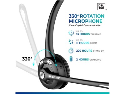 Delton 10X Wireless Noise-Canceling Bluetooth Mono Computer Headset, Auto-Pair USB Dongle, Over-the-Head, Black (DBTHEAD10XBTDL)