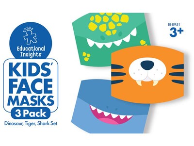 Educational Insights Reusable Face Masks, Kids, Dinosaur/Tiger/Shark, 3/Pack (8952)