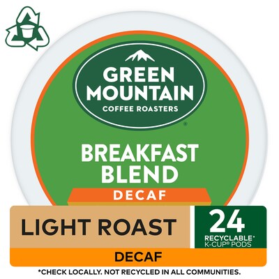 Green Mountain Breakfast Blend Decaf Coffee Keurig® K-Cup® Pods, Light Roast, 24/Box (5000330139)