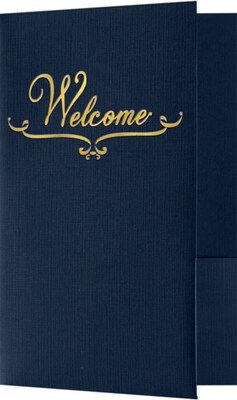 LUX Welcome Folders, Two Pockets, Dark Blue Linen w/ Gold Foil Stamped Design, 50/Pack (WELDDBLU100GF50)