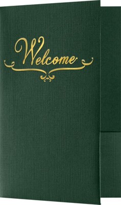 LUX Welcome Folders, Two Pockets, Green Linen w/ Gold Foil Stamped Design, 25/Pack (WELDDP100GF25)