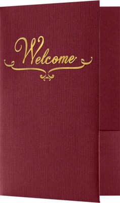 LUX Welcome Folders - Standard Two Pockets 25/Pack, Burgundy Linen w/ Gold Foil (WEL-DB100-GF-25)