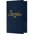 LUX Bienvenidos Welcome Folders - Standard Two Pockets - Gold Foil Stamped Design 250/Pack, Dark Blue Linen (ENDDBLU100GF250)