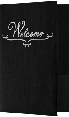 LUX Welcome Folders - Standard Two Pockets 50/Pack, Deep Black Linen w/ Silver Foil (WELDDBLK100SF50)