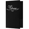 LUX Welcome Folders, Two Pockets, Deep Black Linen w/ Silver Foil Stamped Design, 250/Pack (WELDDBLK100SF25)