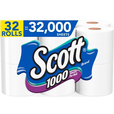 Scott 1-Ply Standard Toilet Paper, White, 1000 Sheets/Roll, 32 Rolls/Case (49209)