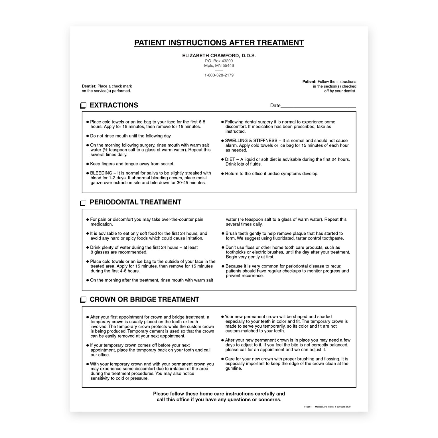 Custom Dental After-Treatment Instruction Forms, 8-1/2 x 11, 100 Sheets per Pad