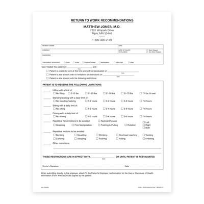 Custom Return to Work Recommendation Slips, 8-1/2 x 11, 100 Sheets per Pad