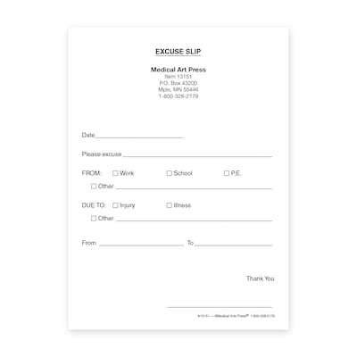 Custom Illness/Injury Excuse Slips, 4 x 5-1/2, 100 Sheets per Pad