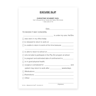 Custom All-Purpose Excuse Slips, 4 x 5-1/2, 100 Sheets per Pad