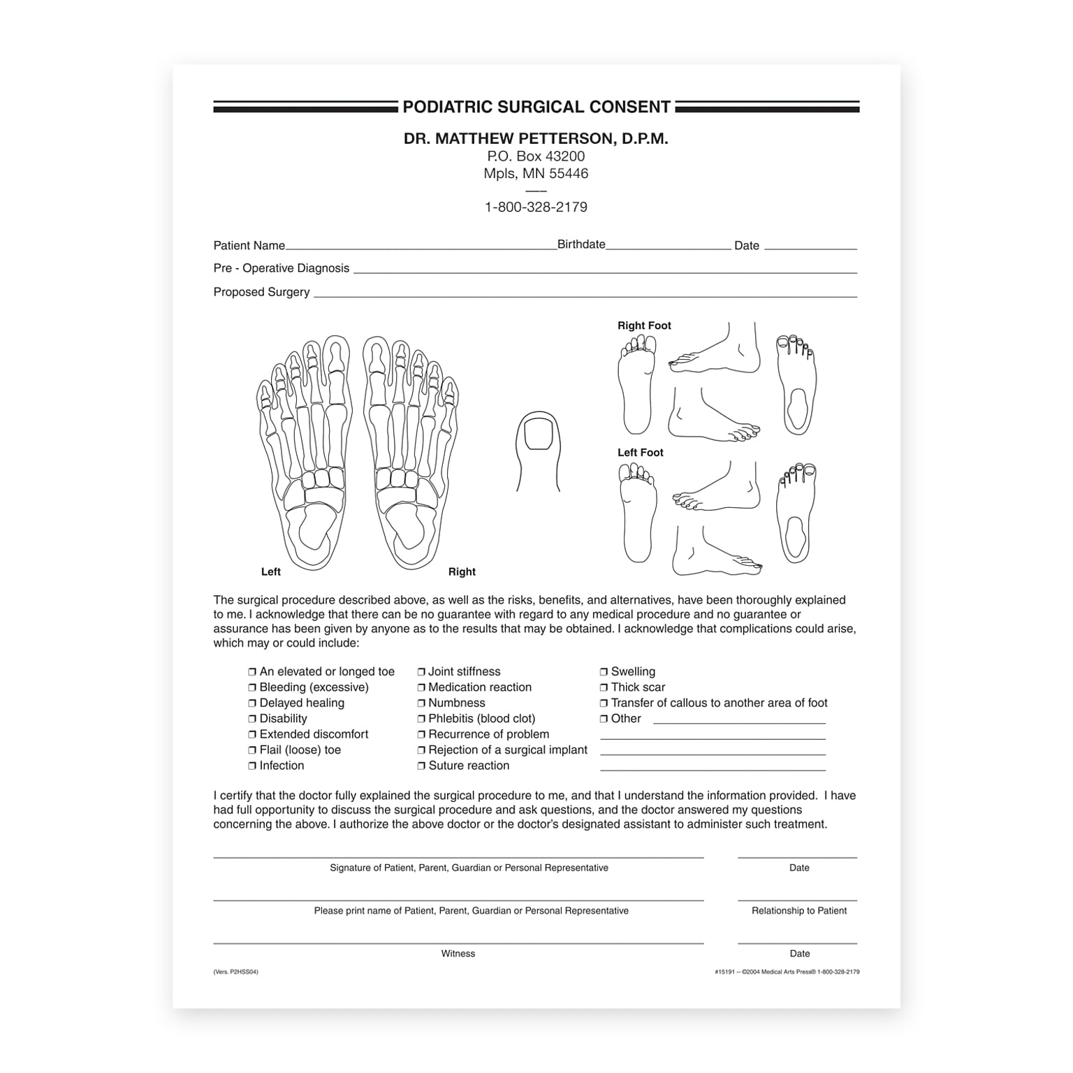 Custom Podiatric Surgical Consent Slips, 8-1/2 x 11, 100 Sheets per Pad
