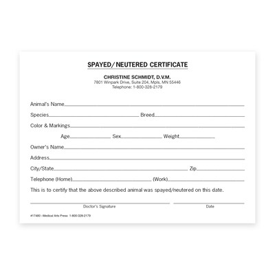 Custom Veterinarian Spay/Neuter Certification Slips, 5-1/2 x 4, 100 Sheets per Pad