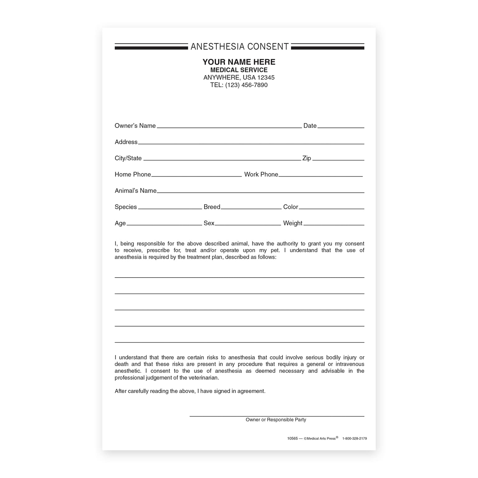 Custom Carbonless Anesthesia Consent Form, 3-1/4 x 5, 100 Sheets per Pad