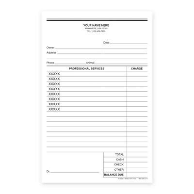 Custom Carbonless Veterinary Charge Slips, 5-1/2 x 8-1/2, 100 Sheets per Pad