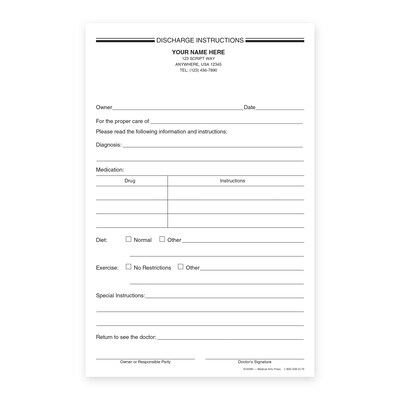 Custom Carbonless Veterinarian Discharge Instructions, 5-1/2 x 8-1/2, 100 Sets per Pad