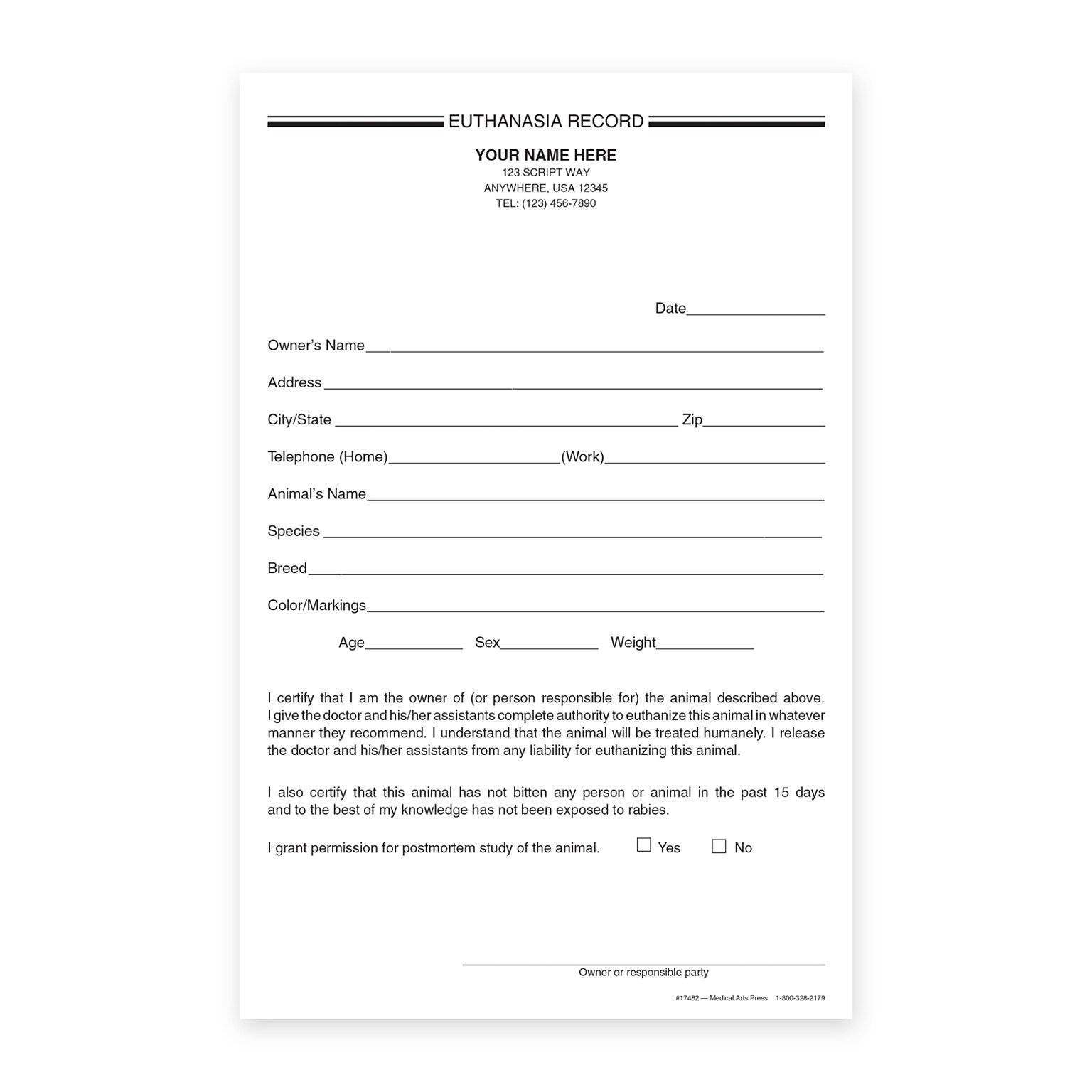 Custom Carbonless Veterinarian Euthanasia Record, 5-1/2 x 8-1/2, 100 Sets per Pad