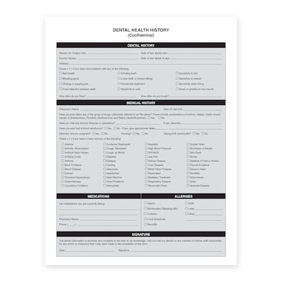Custom 2-Sided Dental Registration and History Forms, 8-1/2" x 11", 250 Sheets per Pack